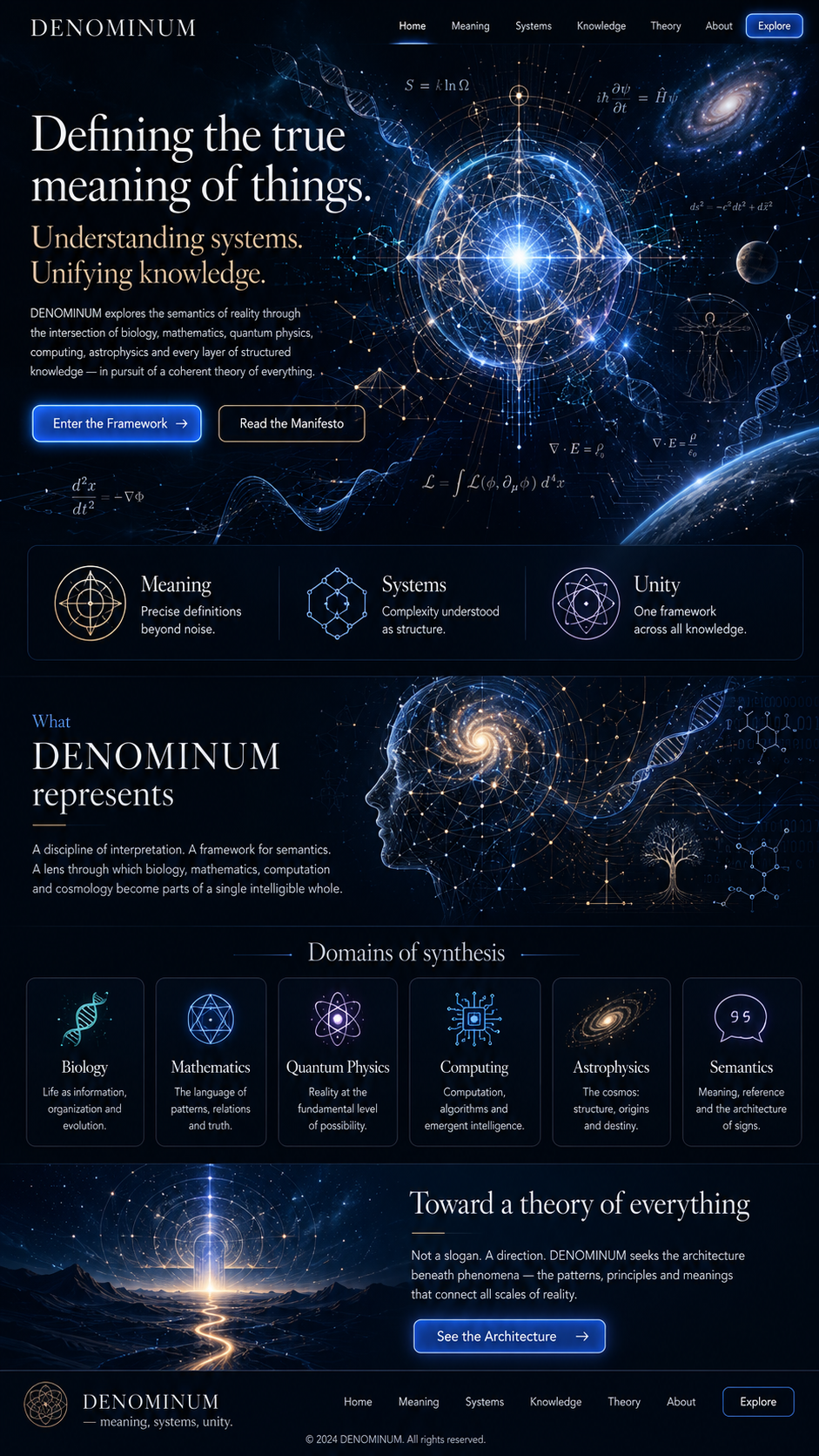 DENOMINUM cosmic knowledge systems landing page concept